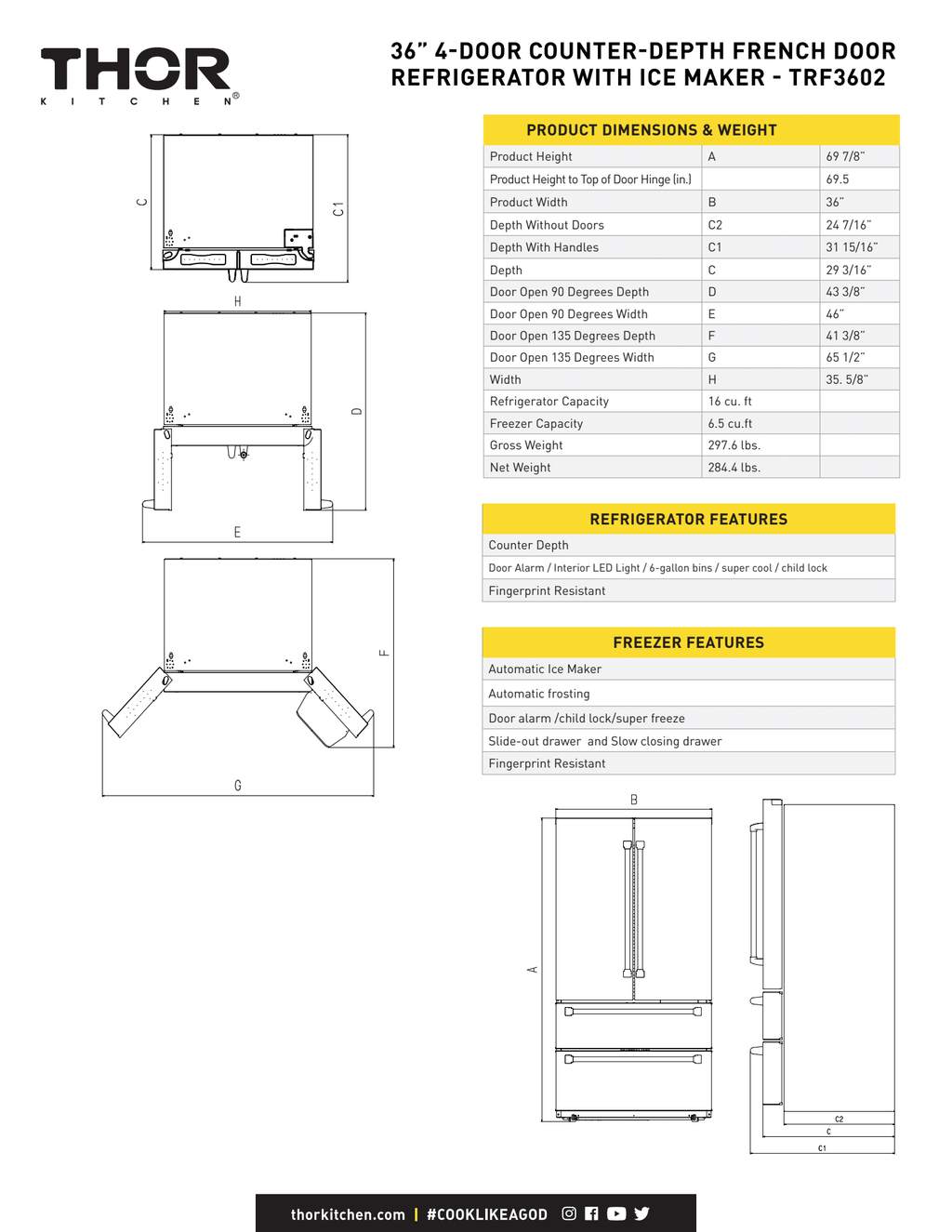 THOR Kitchen French Door Refrigerator 91.4cm 637.1L Stainless Steel TRF3602
