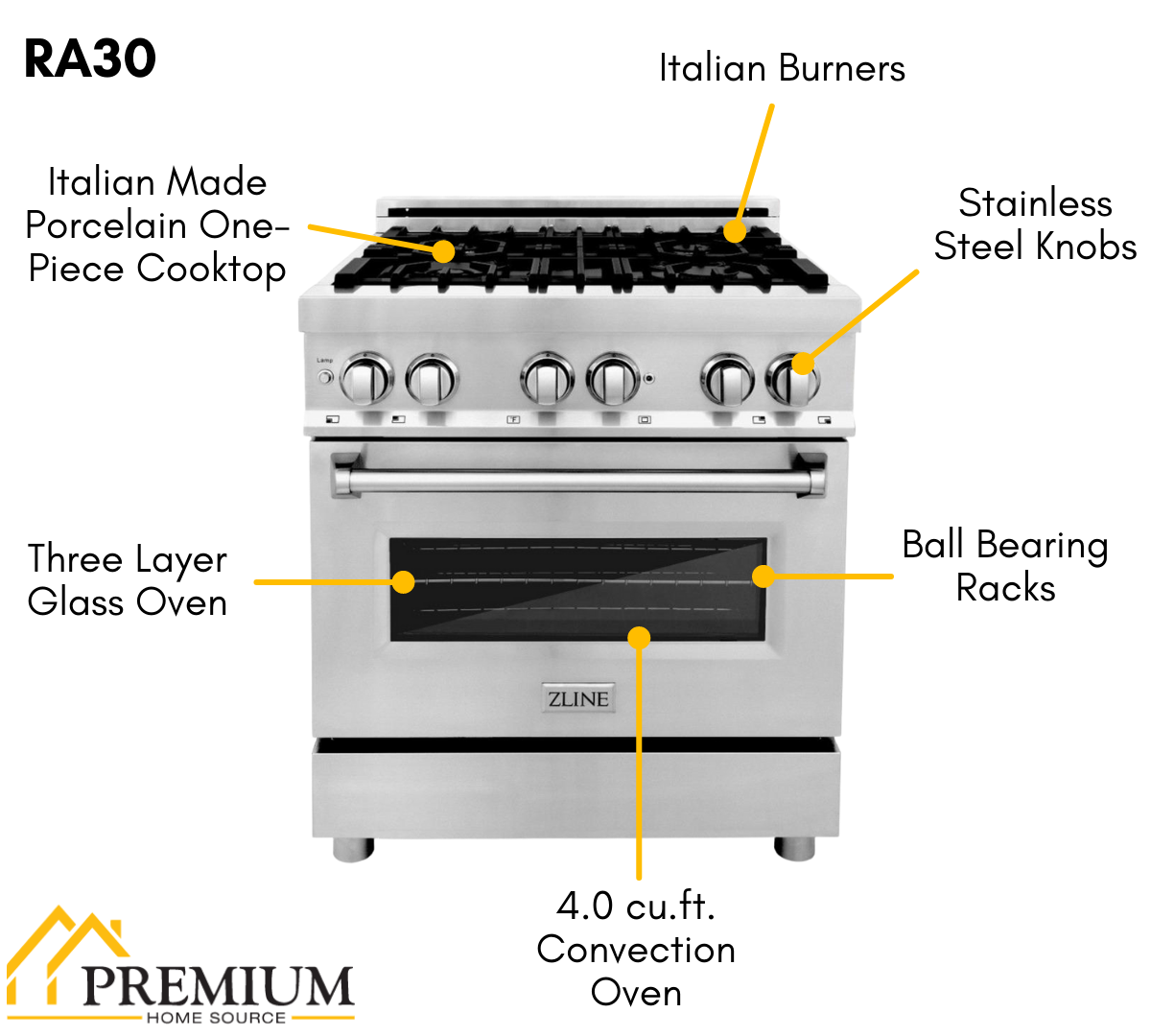ZLINE Dual Fuel Convection Oven Range 4 Burners 76.2cm 113.3L RA30
